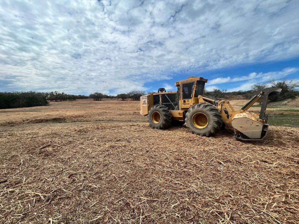 Cleared caliche hillside with oaks kept near Canyon Lake TX