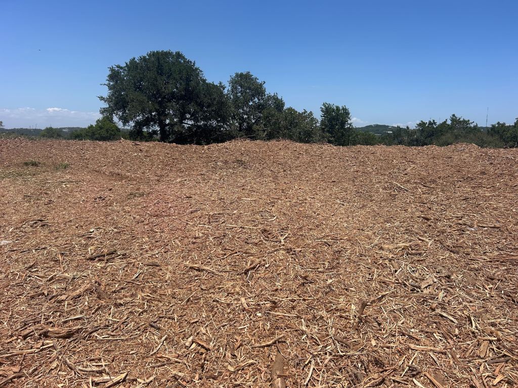 Machines grinding brush piles in cattle country near Yoakum TX
