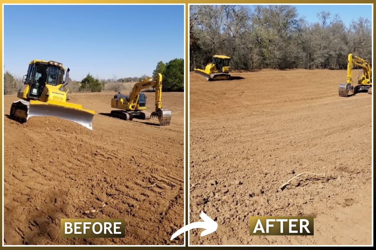 Before and after of a pond site build near Elgin Texas